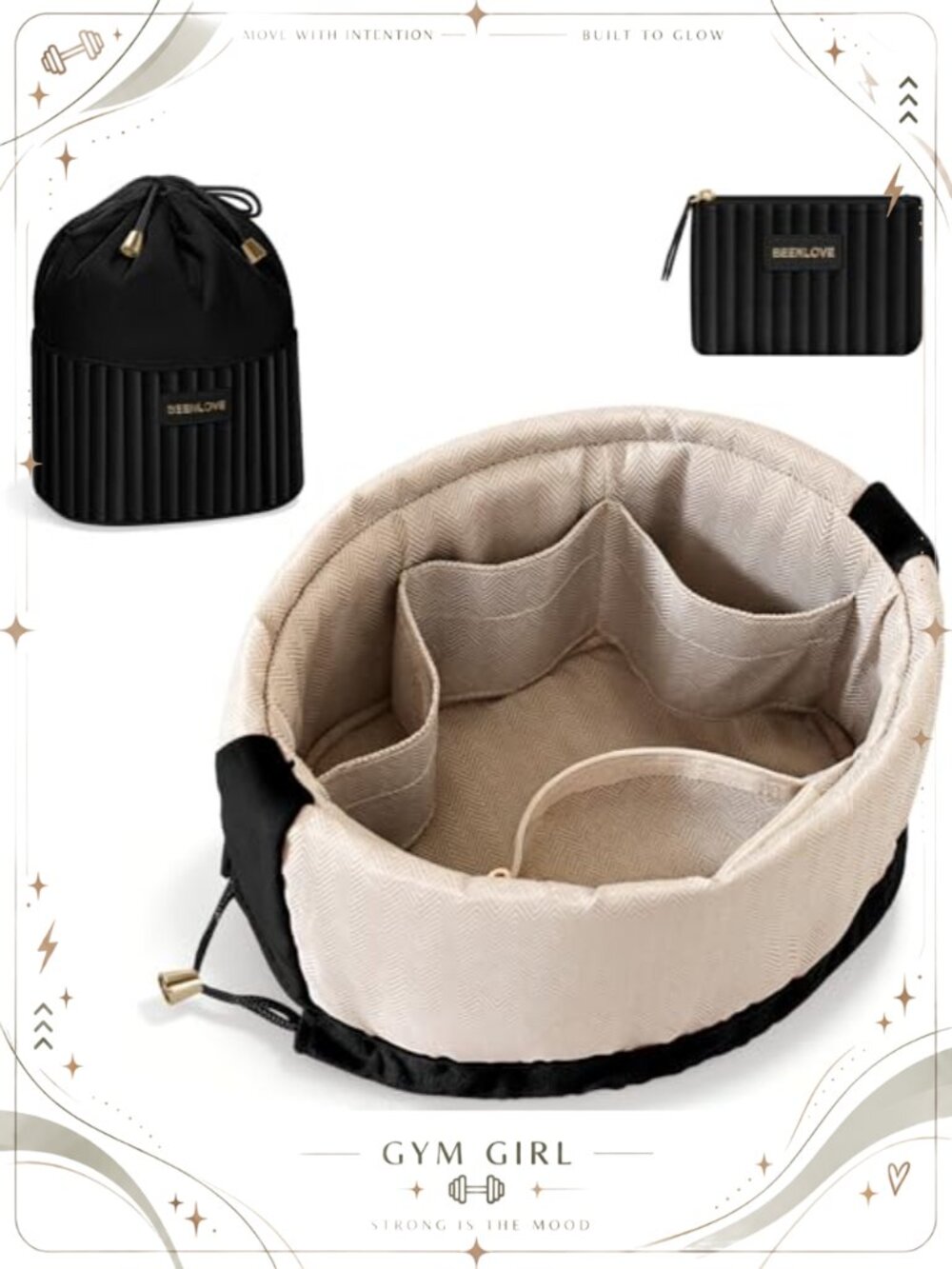 Velvet Quilted Travel Makeup Bag Set with Drawstring & Small Pouch